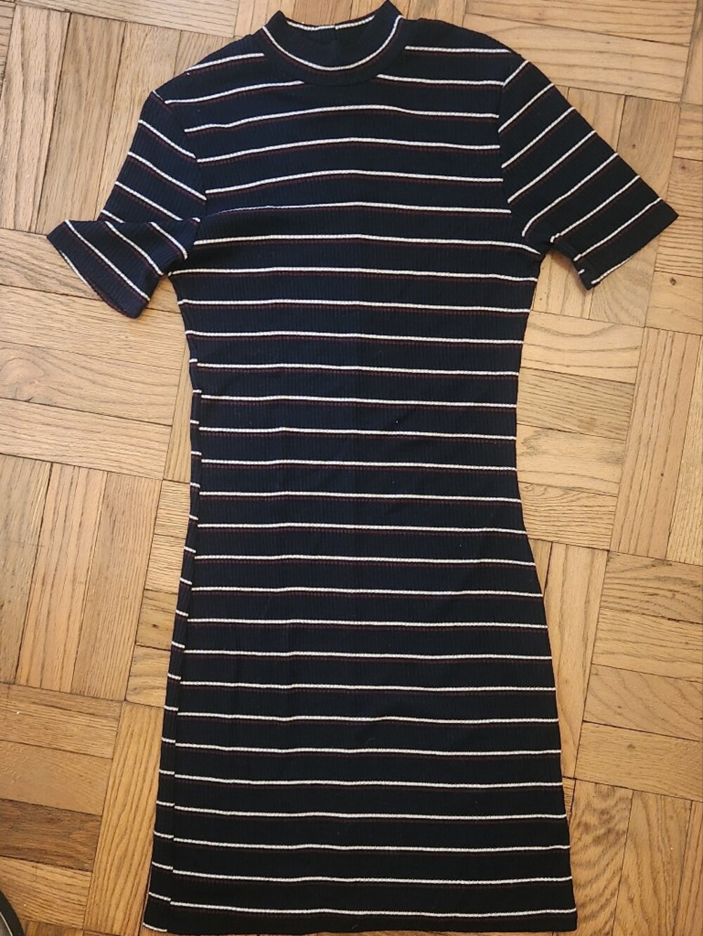 Cotton On Navy Blue Ribbed Short-Sleeve Striped Body Con Dress